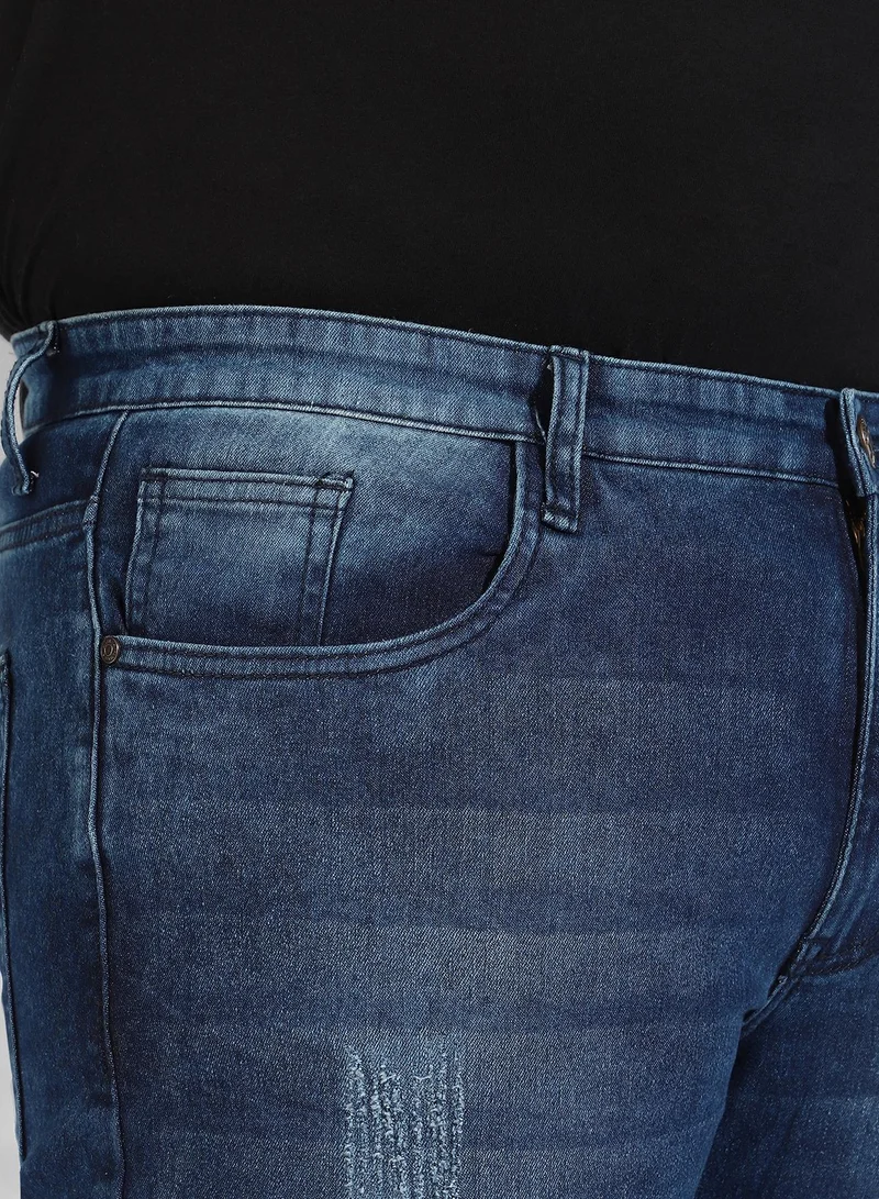 Instafab Plus  Men’s Classic Blue Medium-Washed Distressed Patterned Regular Fit Denim Jeans | Premium Stretchable Cotton Mid-Rise Crafted With Comfort Fit and High Performance For Everyday Wear for Men | Best Price UAE
